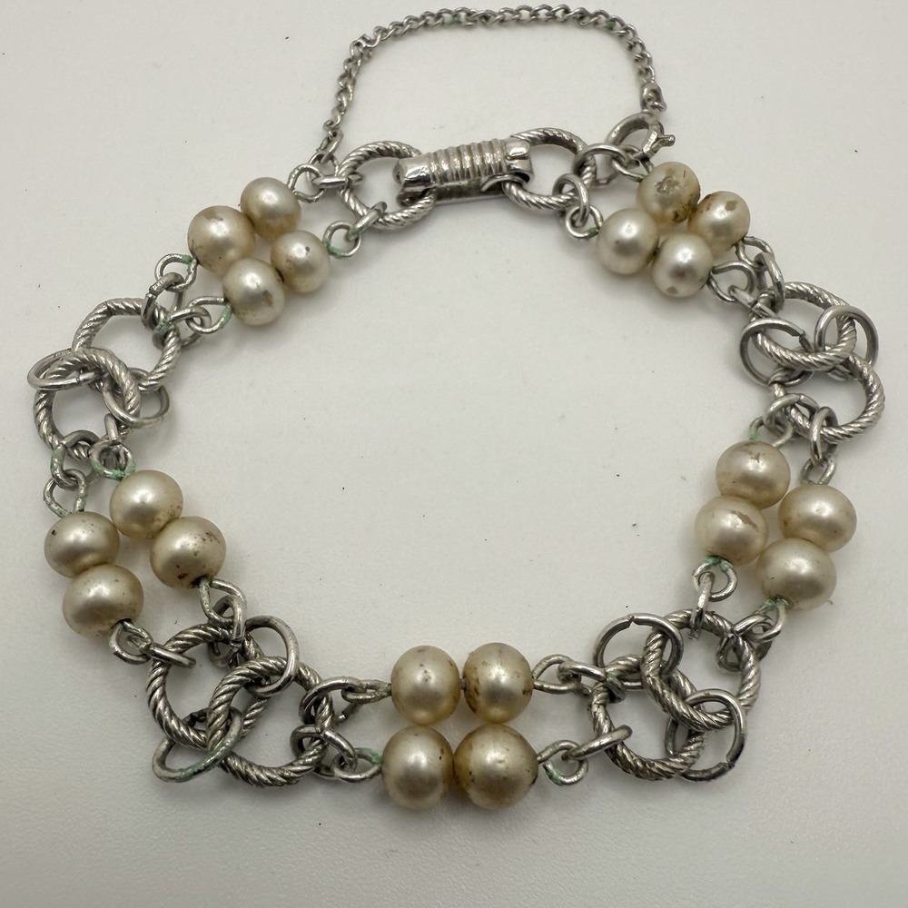 Vintage Faux Pearl Bracelet Silver Tone Double Strand Safety Clasp‎ 6.5"